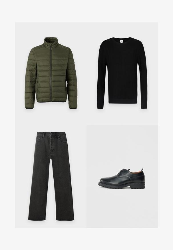 Olivengrøn quiltet jakke med opretstående krave, fuld lynlås foran og lynlåslommer i siden, designet til varme og afslappet brug.; Sort sweater med ribbet tekstur, rund hals og lange ærmer. Har et ensfarvet design og smalle manchetter ved ærmer og talje.; Sorte højtaljede lige ben jeans i denim med frontknap, lynlås og fem lomme-design på en hvid baggrund.; Sorte læder derby-sko med en glat overflade, rund tå, snøre-design og en tyk, robust gummisål.