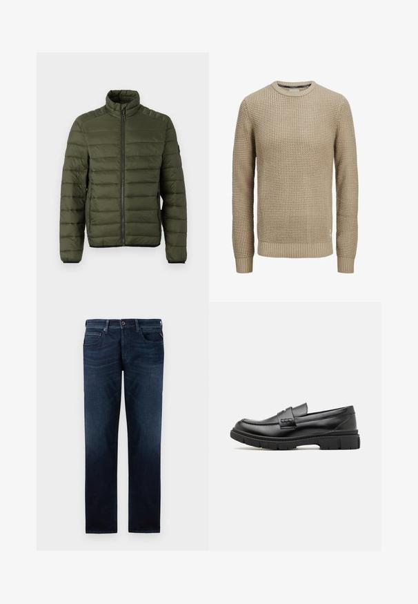 Olivengrøn quiltet jakke med opretstående krave, fuld lynlås foran og lynlåslommer i siden, designet til varme og afslappet brug.; Beige langærmet strikket sweater med tekstureret vaffelmønster, rund halsudskæring samt ribstrikkede manchetter og kant.; Mørkeblå denimjeans med lige ben-design, fem-lomme stil og en synlig knaplukning i livet. Glat tekstur.; Sort læder loafersko med en bred rem over forfoden, gummisål med tykke mønstre og glat overflade. Klassisk, slankt design.