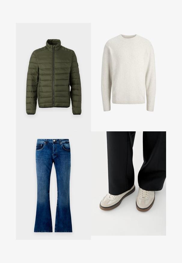 Olivengrøn quiltet jakke med opretstående krave, fuld lynlås foran og lynlåslommer i siden, designet til varme og afslappet brug.; Ensfarvet cremefarvet langærmet sweater med rund halsudskæring og ribstrikkede ærmekanter og kant forneden.; Udsvingede blå denim jeans med en mellemwash, der har fem lommer, en knaplukning og synlig syning. Glat tekstur med let falmning.; Fødder iført beige sneakers med brune såler og sorte bukser med vide ben på hvid baggrund.