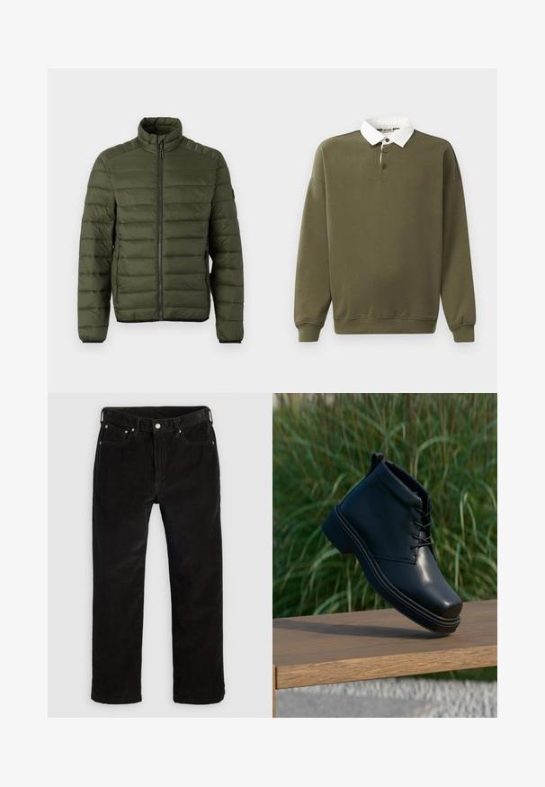 Veste matelassée vert olive avec col montant, fermeture éclair intégrale à l'avant et poches latérales zippées, conçue pour la chaleur et un usage décontracté.; Pull en olive avec col blanc, patte de boutonnage à trois boutons, manches longues et bords côtelés. Texture douce.; Pantalons droits en velours côtelé noir avec bouton avant, fermeture éclair, passants de ceinture et design à cinq poches sur un fond clair.; Bottine noire en cuir avec une finition lisse, bout rond et talon marron contrasté. Les lacets et les détails de couture sont visibles.