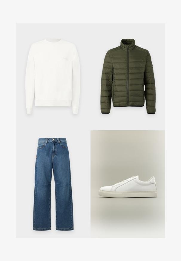 Olivovo zelená prešívaná bunda s stojacím golierom, celým predným zipsom a bočnými vreckami na zips, navrhnutá pre teplo a bežné nosenie.; Biely crewneck sveter vyrobený z mäkkej látky, s rebrovanými manžetami a lemom, s jemným logom potlačeným na hrudi v svetlo sivej farbe.; Modré denimové džínsy s voľným strihom, rovnými nohavicami, viditeľným švom a predným zapínaním na gombík. Obsahujú bočnú kapsu s akcentom.; Biela nízka teniska so šnurovaním vpredu a hrubou podrážkou, zobrazená zboku na neutrálom pozadí.