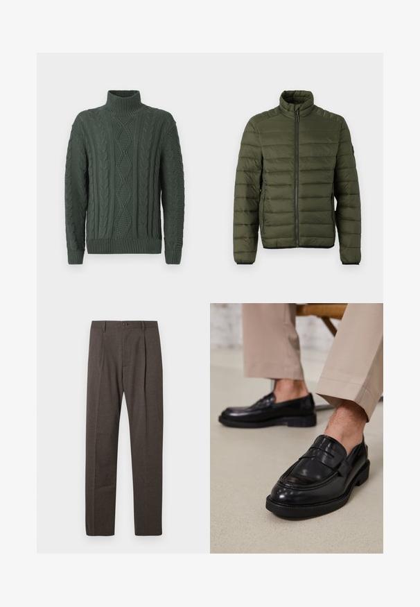 Chaqueta acolchada verde oliva con cuello alto, cremallera completa frontal y bolsillos laterales con cremallera, diseñada para proporcionar calor y un uso informal.; Suéter de cuello alto de punto trenzado verde oscuro con patrones de diamantes y trenzas, puños y dobladillo acanalados.; Pantalones marrones a medida con pliegues frontales, presillas para cinturón y un cierre de botón único en la cintura, sobre un fondo blanco.; Mocasines de cuero negro con un acabado suave, que cuentan con una correa decorativa y costuras en contraste, combinados con pantalones beiges.