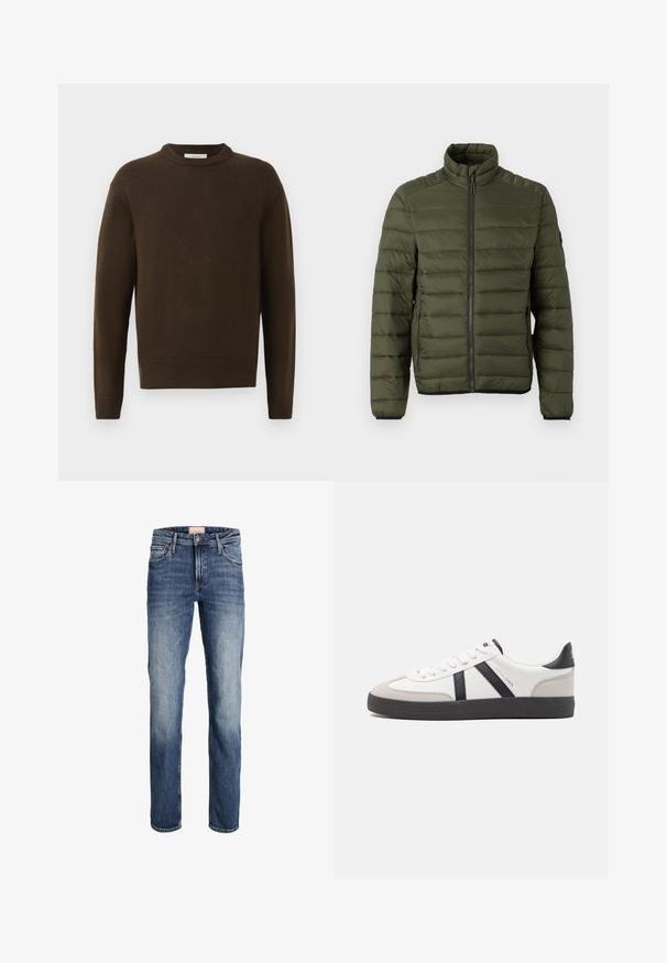 Olivengrøn quiltet jakke med opretstående krave, fuld lynlås foran og lynlåslommer i siden, designet til varme og afslappet brug.; Brun strikket sweater med rund hals, lange ærmer og ribbede manchetter. Blød tekstur, glat finish og en afslappet pasform.; Straight-leg blå jeans med let falmning på lår og knæ, frontlukning med knap og lynlås samt femlommesdesign.; Hvide sneakers med sorte og grå detaljer, med en tekstureret grå tåhætte, sort gummisål og flade hvide snørebånd. Rent design, minimalistisk stil.