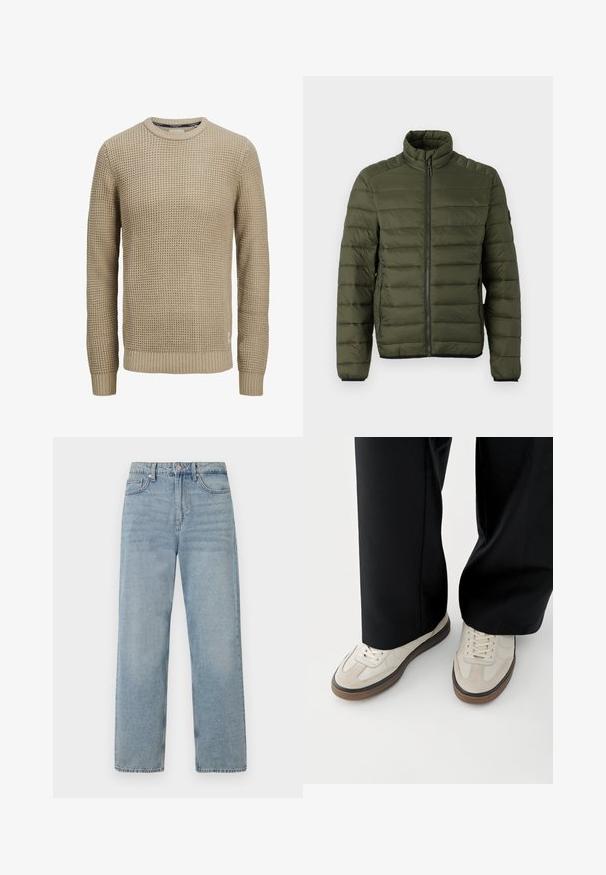 Olivengrøn quiltet jakke med opretstående krave, fuld lynlås foran og lynlåslommer i siden, designet til varme og afslappet brug.; Beige langærmet strikket sweater med tekstureret vaffelmønster, rund halsudskæring samt ribstrikkede manchetter og kant.; Lys blå denim jeans med høj talje, lige ben-design, fem-lommes styling og subtil falming for et slidt udseende.; Fødder iført beige sneakers med brune såler og sorte bukser med vide ben på hvid baggrund.