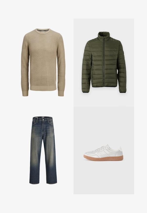 Olivengrøn quiltet jakke med opretstående krave, fuld lynlås foran og lynlåslommer i siden, designet til varme og afslappet brug.; Beige langærmet strikket sweater med tekstureret vaffelmønster, rund halsudskæring samt ribstrikkede manchetter og kant.; Bredde ben jeans i mørkeblå denim med en gradient finish, der har en knaplukning, fem lomme-design og strukturerede syninger.; Sølv sneakers med en glat overflade, snørebånd, perforerede detaljer og en struktureret brun gummi sål.