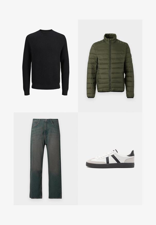 Chaqueta acolchada verde oliva con cuello alto, cremallera completa frontal y bolsillos laterales con cremallera, diseñada para proporcionar calor y un uso informal.; Jersey negro de punto con cuello redondo y patrón texturizado de trazos cruzados, mangas largas y puños y dobladillo acanalados.; Vaqueros de mezclilla verde oscuro con corte de pierna recta, que presentan un diseño clásico de cinco bolsillos y costuras de contraste a lo largo de las costuras.; Zapatilla blanca con acentos en negro y gris, que presenta una puntera texturizada en gris, suela de goma negra y cordones planos blancos. Diseño limpio, estilo minimalista.