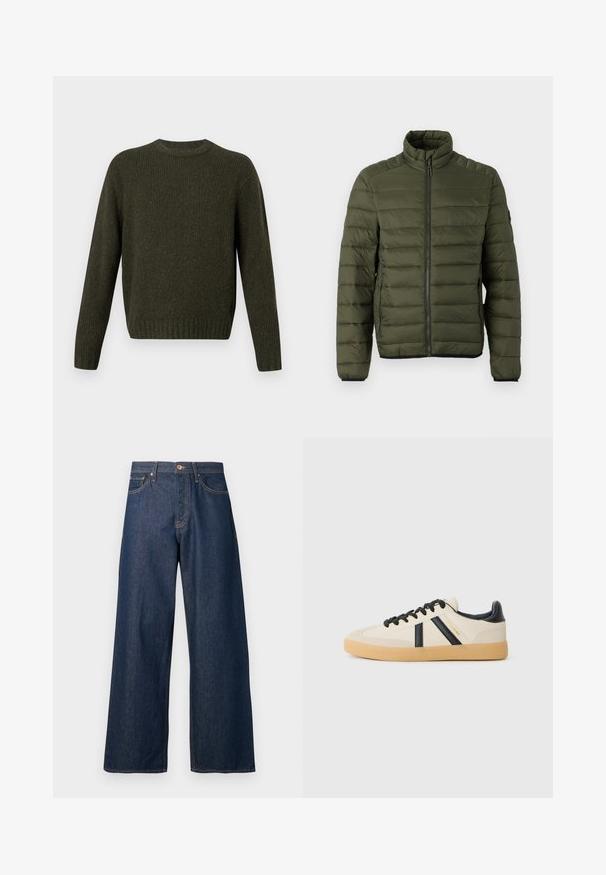 Veste matelassée vert olive avec col montant, fermeture éclair intégrale à l'avant et poches latérales zippées, conçue pour la chaleur et un usage décontracté.; Pull côtelé vert foncé avec col rond, manches longues et ourlet ajusté. Confectionné en maille texturée.; Jean à jambes larges en denim foncé avec surpiqûres orange, doté de cinq poches, d'une fermeture à boutons sur le devant et d'une silhouette droite.; Baskets décontractées en crème avec des rayures noires, présentant un dessus texturé et une semelle en caoutchouc. Les lacets sont noirs. Logo discret sur le côté.