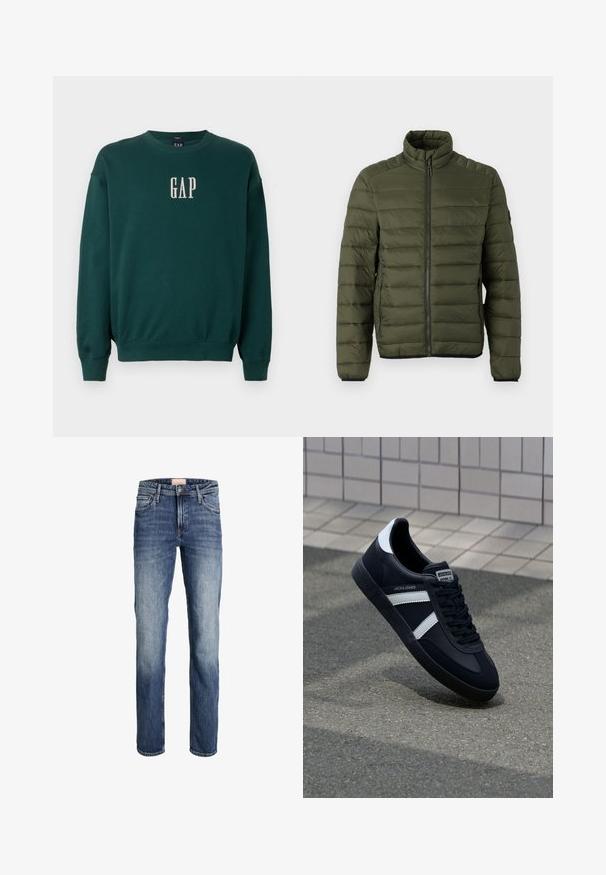 Olivgrüne gesteppte Jacke mit Stehkragen, durchgehendem Frontreißverschluss und Reißverschlusstaschen an den Seiten, entworfen für Wärme und legere Trageweise.; Grüner Langarm-Sweatshirt mit gerippten Bündchen und Saum, mit weißem, gesticktem "GAP"-Logo auf der Brust. Weicher Stoff.; Gerade geschnittene blaue Jeans mit leichter Ausbleichung an Oberschenkeln und Knien, Frontknopf- und Reißverschluss, sowie Fünf-Taschen-Design.; Schwarze Leder-Sneaker mit weißen Streifen, strukturiertem Gummisohle und Schnürung. Verfügt über ein Markenetikett auf der Zunge.