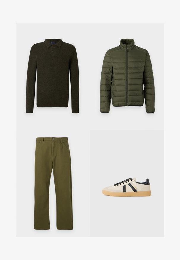 Chaqueta acolchada verde oliva con cuello alto, cremallera completa frontal y bolsillos laterales con cremallera, diseñada para proporcionar calor y un uso informal.; Suéter polo de manga larga verde con un acabado texturizado, tapeta de dos botones y puños acanalados. Diseño simple y clásico adecuado para uso informal.; Pantalones de algodón verdes con corte recto, que cuentan con un diseño de bolsillo frontal, cierre de botón metálico y detalles de costura sutiles.; Zapatillas casuales en crema con rayas negras, con parte superior texturizada y suela de goma. Los cordones son negros. Logo sutil en el costado.