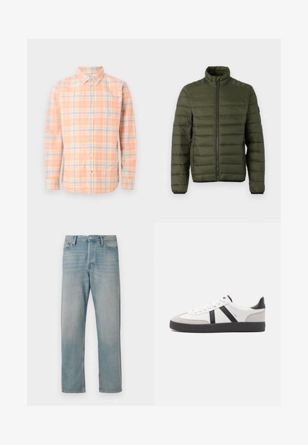 Veste matelassée vert olive avec col montant, fermeture éclair intégrale à l'avant et poches latérales zippées, conçue pour la chaleur et un usage décontracté.; Chemise homme à manches longues boutonnée avec motif à carreaux pêche, crème et bleu, et une poche poitrine.; Jeans en denim bleu clair avec une coupe droite, présentant cinq poches classiques, une fermeture à bouton et un léger dégradé pour ajouter de la texture.; Baskets blanches avec des accents noirs et gris, présentant un embout texturé gris, une semelle en caoutchouc noir et des lacets plats blancs. Design épuré, style minimaliste.