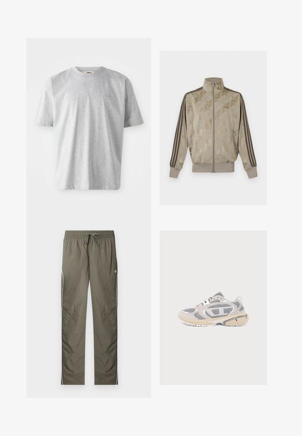 Beige vetoketjullinen vetoketjullinen pikkutakki korkealla kauluksella, hienovaraisella geometrisella kuviolla, tummilla kolmiraidoilla hihoissa sekä resorireunuksilla hihansuissa ja helmassa.; Harmaa lyhythihainen t-paita, joka on valmistettu pehmeästä kankaasta. Siinä on pyöreä pääntie ja hienovarainen logo brodeerattuna etupuolelle.; Oliivinvihreät kevyet verkkarit, joissa on joustava vyötärö, kiristysnauha, valkoiset sivuraidat ja pieni perhoslogo oikeassa reisiosassa.; Harmaa ja beige urheilukenkä verkkokankaalla, nauhallisella kiinnityksellä ja paksulla kumipohjalla, jossa on teksturoitu pito yksivärisellä taustalla.