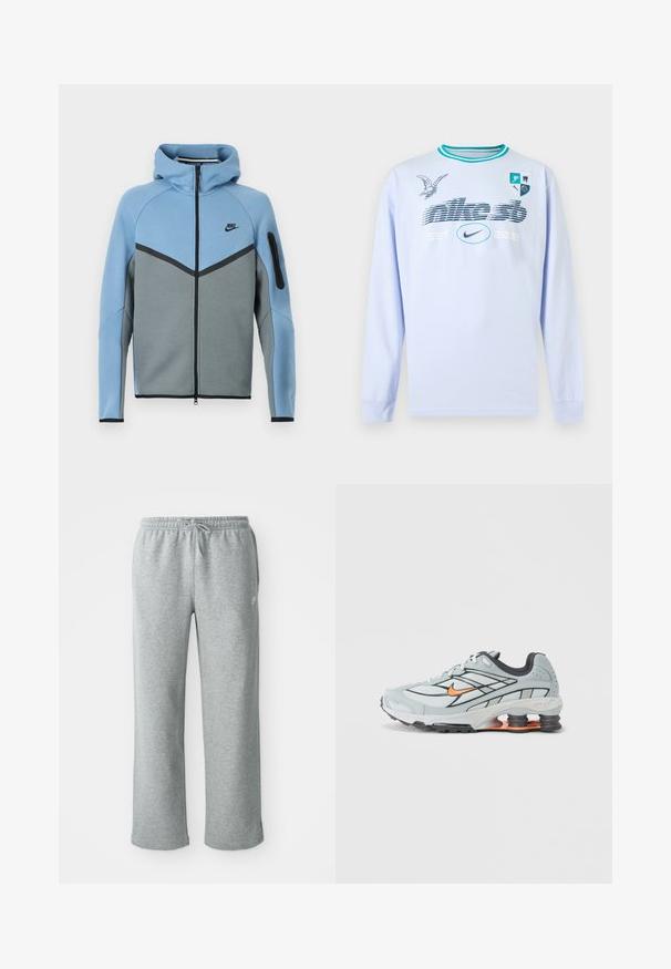 Nike Kapuzenjacke mit blau-grauem Farbschema, mit Reißverschluss vorne, Chevron-Design und einer Reißverschlusstasche am Ärmel.; Hellblaues Langarmshirt mit türkisfarbenen Kragenstreifen, grafischem Text "nike sb EST. 2002", Nike-Logo, Vogelillustration und einem Wappen mit vier Symbolen auf der Brust.; Graue Sweatpants aus Baumwolle mit elastischem Bund, Kordelzugverschluss und geraden Beinen. Verfügt über ein kleines Logo auf der oberen linken Seite.; Hellgrauer Laufschuh mit schwarzen Akzenten, orangefarbenem Logo, Mesh-Obermaterial, gepolstertem Schaft und Gummisohle mit sichtbaren stoßdämpfenden Einheiten.