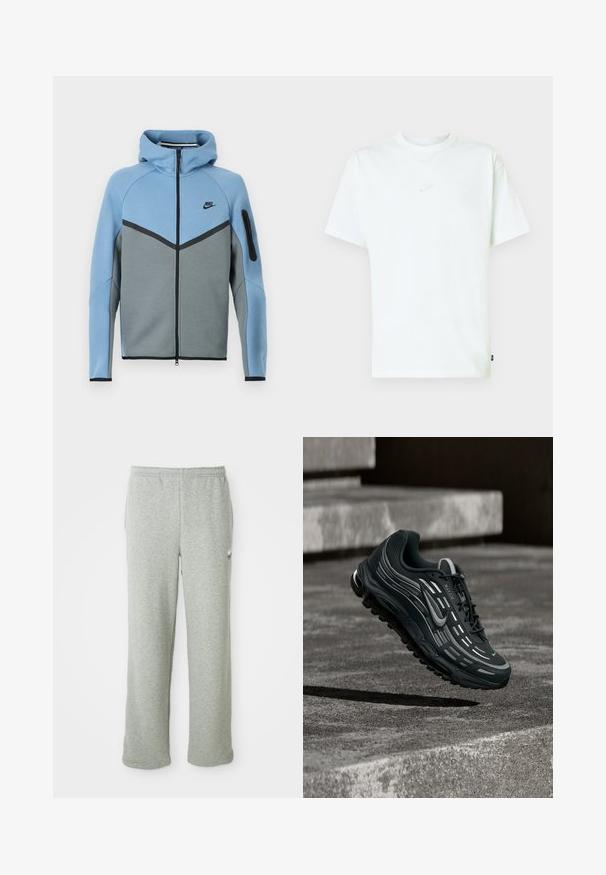 Nike hooded jack met een blauw-grijs kleurenpatroon, voorzien van een ritssluiting aan de voorkant, een chevron ontwerp en een ritssluitingzak op de mouw.; Wit katoenen T-shirt met een ronde hals, korte mouwen en een klein reliëf Nike-logo op de borst. Zachte textuur en een ontspannen pasvorm.; Grijze sweatpants van een zachte katoenmix, met een elastische tailleband, recht model en een klein logo aan de linkerkant.; Zwarte en grijze Nike Air Max sneaker zwevend boven grijze betonnen trappen met een gestructureerde achtergrond van de grond.