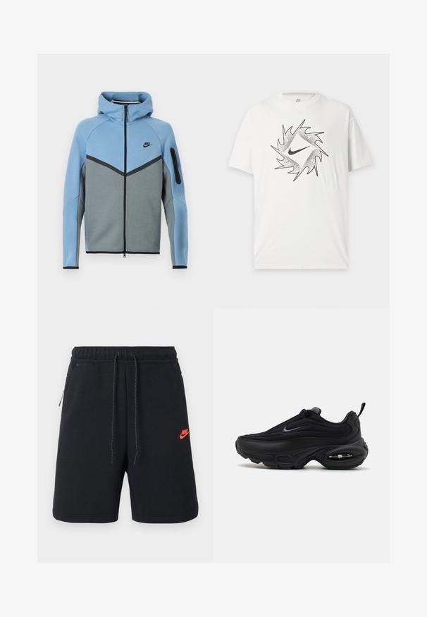 Niken hupparitakki sinivalkoisessa värimaailmassa, jossa on vetoketjullinen etuosa, kolmionmuotoinen kuvio ja vetoketjullinen hiha-tasku.; Valkoinen lyhythihainen Nike T-paita mustalla abstraktilla pyöreällä kuviolla ja keskellä edessä oleva Nike swoosh -logo.; Mustat Nike-shortsit, joissa on joustava vyötärönauha, kiristysnyöri, sivutaskut ja pieni oranssi Nike-logo vasemmassa reisessä.; Musta urheilukenkä, jossa on sileä, teksturoitu päällinen. Varustettu pyöreällä kärjellä, pehmustetulla nilkalla ja näkyvällä ilmanalenkulalla pohjassa.