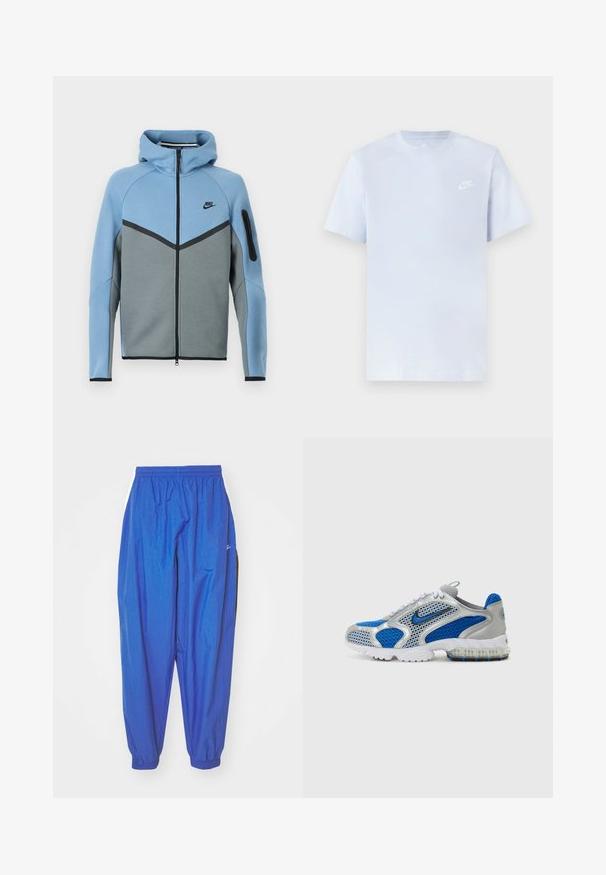 Nike bunda s kapucňou v modro-sivej farebnej kombinácii, s predným zipsom, vzorom chevron a vreckom na zips na rukáve.; Svetlomodré bavlnené tričko s krátkymi rukávmi, okrúhlym výstrihom a bielym logom Nike potlačeným na ľavej hrudi. Hladká textúra, jednoduchý dizajn.; Modré športové nohavice vyrobené z ľahkej tkaniny, s elastickým pásom, manžetami na lemoch a bielymi bočnými pruhmi.; Modré a strieborné športové topánky s priedušnými panelmi, polstrovaným golierom a priehľadnou podrážkou s modrými akcentmi. Kontrastné šnúrky dotvárajú dizajn.