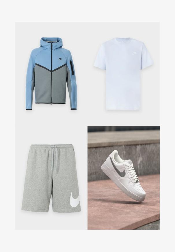 Chaqueta con capucha de Nike con una combinación de colores azul y gris, con cremallera frontal, diseño en forma de chevron y un bolsillo con cremallera en la manga.; Camiseta de algodón de color azul claro con mangas cortas, cuello redondo y un logo blanco de Nike impreso en el pecho izquierdo. Textura suave, diseño sencillo.; Pantalones cortos deportivos gris claro con cintura elástica, cordón ajustable y un gran logotipo blanco de Nike Swoosh en la parte inferior de la pierna izquierda.; Zapatilla blanca Nike Air Force 1 con logo swoosh gris flotando sobre una superficie de piedra y un fondo de pared de piedra gris.