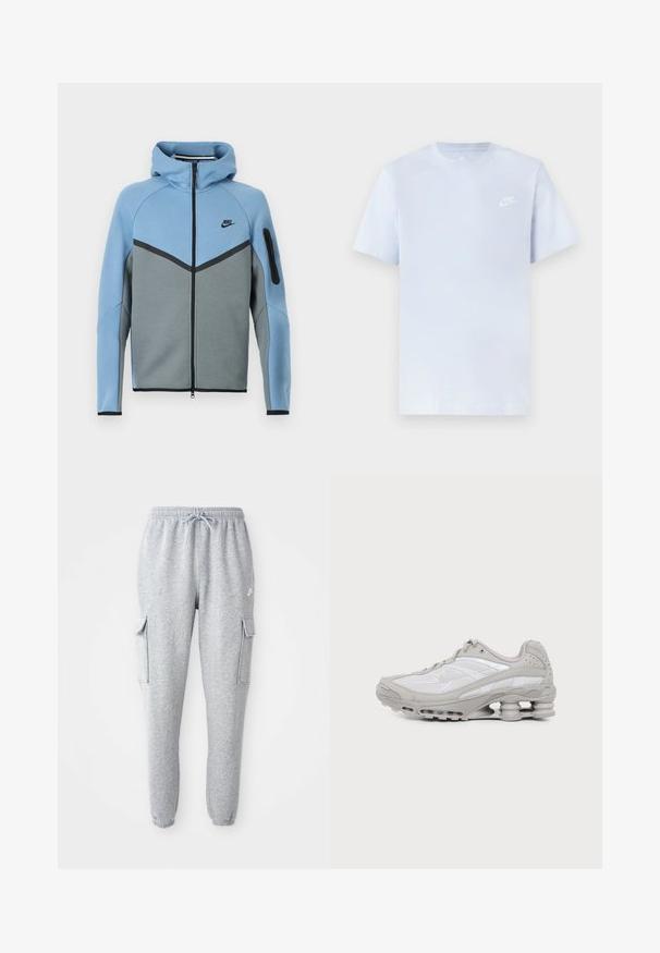 Nike kapuutsiga jakk sinise ja halli värvikavaga, millel on esiosa lukk, salakauba mustriga kujundus ja lukuga varrukatasku.; Hele sinine puuvillane t-särk lühikeste varrukatega, ümar kaelus ja valge Nike logo trükituna vasakul rinnal. Sile tekstuur, lihtne disain.; Hallid hallid dressipüksid, mis on valmistatud pehmest kangast ja millel on elastne vöökoht koos nööridega, kaks külgset kottide taskut ja kitsenevad sääred.; Hall-valge spordijalats nähtava õhkmadratsi ja võrgust detailidega, esitatud küljepildina lihtsal heledal taustal.