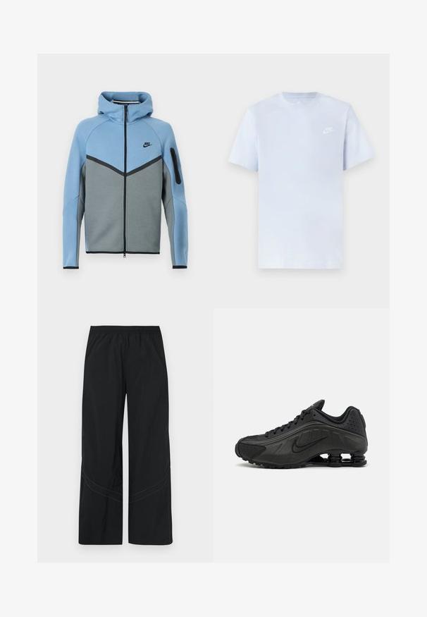 Nike kapucis jaka zilos un pelēkos toņos ar rāvējslēdzēju priekšpusē, ševrona dizainu un rāvējslēdzēja kabatu uz piedurknes.; Gaiši zila kokvilnas T-kreksa ar īsām piedurknēm, apaļu kakla izgriezumu un balto Nike logotipu, kasdrukāts kreisajā krūtīs. Gluda tekstūra, vienkāršs dizains.; Melnas plaša piegriezuma bikses no viegla auduma ar elastīgu vidukļa joslu un smalku izliekuma šuvju detalizējumu apakšmalā.; Melnas skriešanas ķepas ar gludu sintētisku virsu, perforētiem akcentiem, teksturētām sānu daļām un izteiksmīgu atsperīgu zoli.
