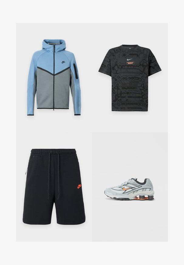 Veste à capuche Nike avec un schéma de couleurs bleu et gris, dotée d'une fermeture éclair frontale, d'un motif en chevron et d'une poche zippée sur la manche.; T-shirt noir avec un motif texturé, arborant un petit logo Nike en bleu clair et un écusson rectangulaire aux couleurs contrastantes.; Shorts noirs Nike avec ceinture élastique, cordon de serrage, poches latérales et petit logo Nike orange sur la cuisse gauche.; Chaussure de course gris clair avec accents noirs, logo orange, tige en mesh, col rembourré et semelle en caoutchouc avec unités d'absorption des chocs visibles.