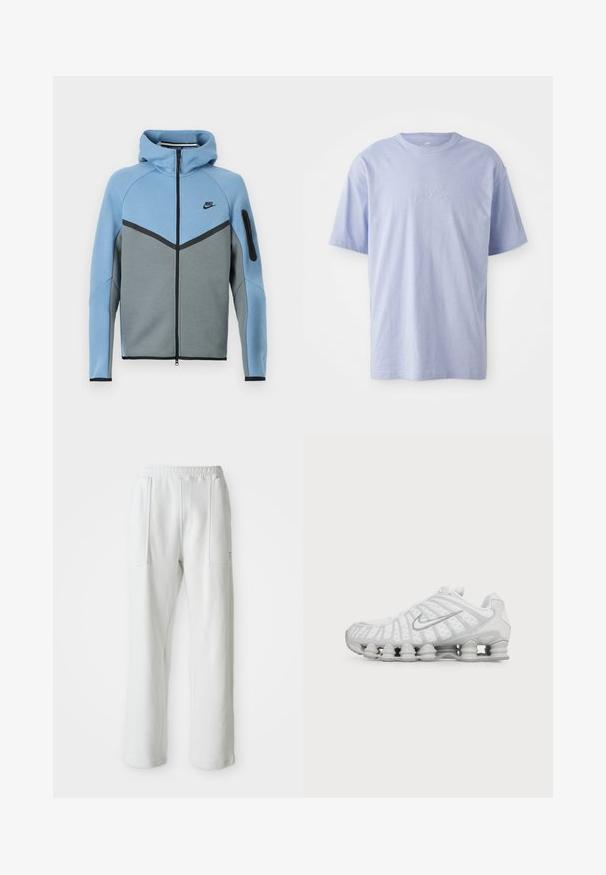 Nike hættejakke med et farveskema i blå og grå, der har lynlås foran, et chevrondesign og en lynlåslomme på ærmet.; Lysblå bomulds T-shirt med rund halsudskæring og korte ærmer. Har et præget "nike" logo i midten foran. Blød tekstur.; Hvide afslappede bukser med en elastisk talje og store forreste lommer, vist på en ensfarvet lys baggrund.; Hvid Nike løbesko med synlig luftstøbt sål og sølv swoosh-logo på siden, vist fra ydersiden.