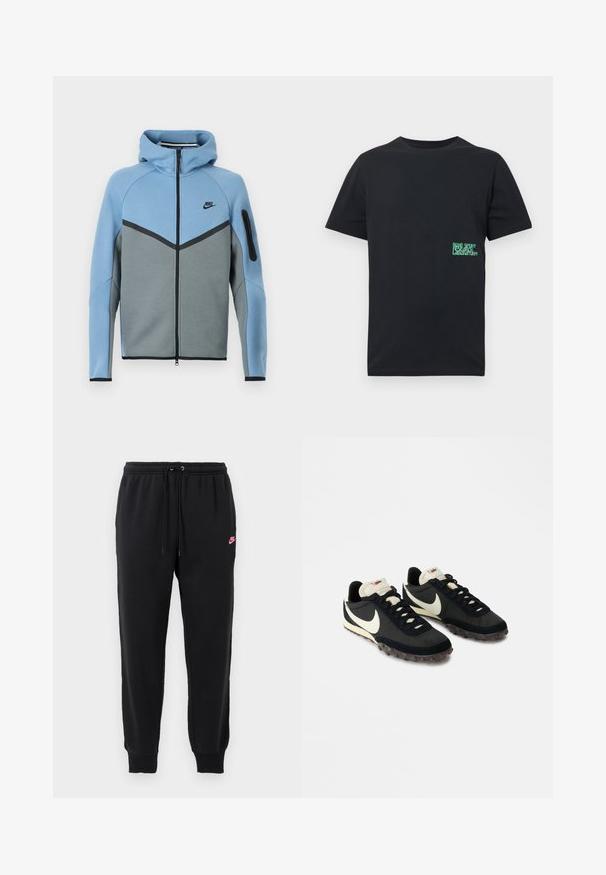 Nike hættejakke med et farveskema i blå og grå, der har lynlås foran, et chevrondesign og en lynlåslomme på ærmet.; Sort T-shirt med korte ærmer og rund hals, med lille grøn og hvid tekst "Nike Sport Research Laboratory" på venstre side nær taljen.; Sorte svedbukser lavet af blødt stof med elastisk talje, justerbar snøre og et lille pink Nike-logo på venstre side.; Sorte sportssko med en struktureret overdel, hvid swoosh-logo og gummisål med små stik til trækkraft. Elfenbensfarvet krave.