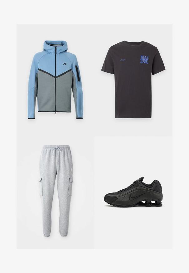 Veste à capuche Nike avec un schéma de couleurs bleu et gris, dotée d'une fermeture éclair frontale, d'un motif en chevron et d'une poche zippée sur la manche.; T-shirt noir à manches courtes avec col rond, texte "NIKE" en bleu dans une police gothique sur la poitrine et un texte plus petit "NIKE AIR INCORPORATED 1972" sur le côté gauche.; Pantalons de survêtement gris en tissu doux, avec une taille élastique à cordon de serrage, deux poches cargo sur les côtés et des poignets ajustés.; Baskets de course noires avec une tige en synthétique lisse, des accents perforés, des panneaux latéraux texturés et une semelle distincte et rebondissante.