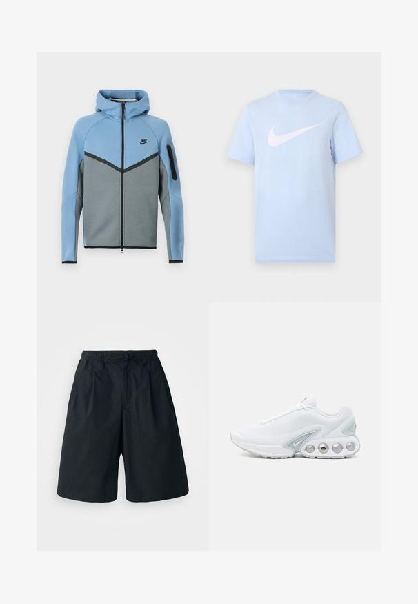 Nike Kapuzenjacke mit blau-grauem Farbschema, mit Reißverschluss vorne, Chevron-Design und einer Reißverschlusstasche am Ärmel.; Hellblaues T-Shirt mit kurzen Ärmeln und einem großen weißen Nike-Swoosh-Logo, das mittig auf der Vorderseite vor einem schlichten Hintergrund platziert ist.; Schwarze Shorts mit elastischem Bund und verstellbarem Kordelzug. Aus einem glatten Stoff gefertigt, mit lockerer Passform und ohne sichtbare Muster.; Weißer Mesh-Sneaker mit grauen Akzenten, runder Zehenpartie und sichtbarem, gepolstertem Schuhsohlenbereich mit runden Luftpolstern und Markenlogo.