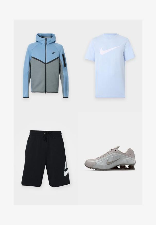 Jachetă Nike cu glugă, în nuanțe de albastru și gri, prevăzută cu fermoar frontal, design în formă de șa și buzunar cu fermoar pe mânecă.; Tricou cu mânecă scurtă, albastru deschis, cu un logo mare Nike swoosh alb centrat în față, pe un fundal simplu.; Șorturi negre din bumbac cu talie ajustabilă prin șnur, cu buzunare laterale și un logo mare alb Nike imprimat pe coapsa stângă. Design athletic clasic.; Pantofii de alergare Nike de culoare gri deschis, cu o textură netedă, un design curbat și arcuri de amortizare vizibile de culoare maro închis la călcâi.