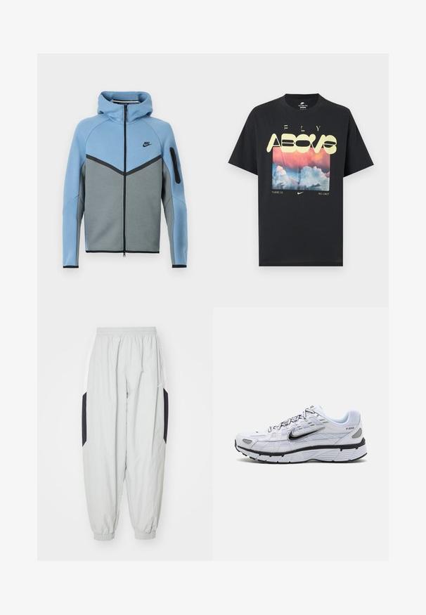 Nike hættejakke med et farveskema i blå og grå, der har lynlås foran, et chevrondesign og en lynlåslomme på ærmet.; Sort bomuld T-shirt med grafik af skyer, en lyserød og blå himmel samt fed gul tekst med ordene "FLY ABOVE" og "THERE IS NO LIMIT."; Lys grå træningsbukser lavet af letvægtsstof, med elastisk talje og manchetter, samt kontrasterende sorte og hvide sidelapper.; Hvide løbesko med mesh-overdel, rund tå, sorte accenter og mønstret sål. Har snøring og branding på siden.