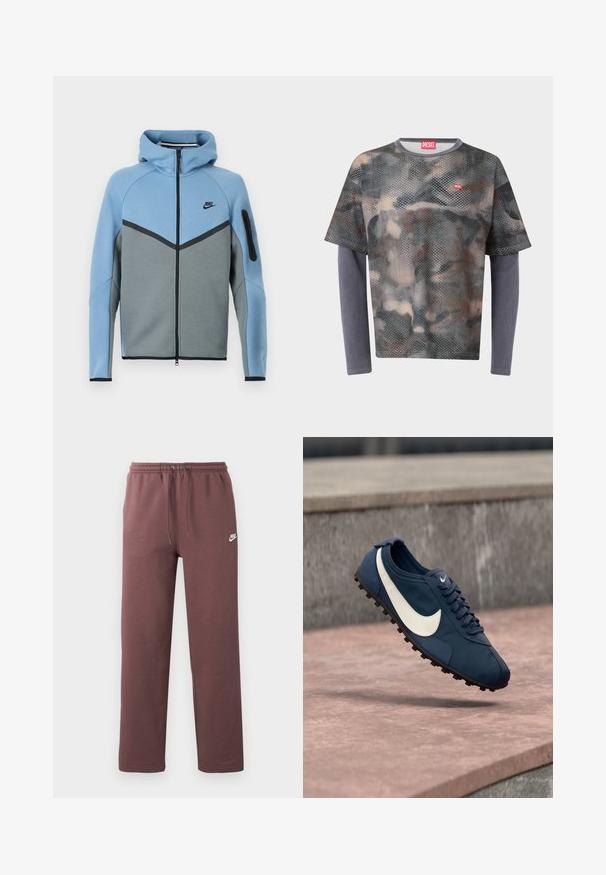Μπουφάν με κουκούλα της Nike σε μπλε και γκρι χρώμα, με φερμουάρ στο μπροστινό μέρος, σχέδιο σε σχήμα βέλους και τσέπη με φερμουάρ στο μανίκι.; Πουκάμισο κοντομάνικο διάτρητο με σχέδιο παραλλαγής, φορεμένο πάνω από απλές γκρι μακριές μανσέτες με κόκκινο λογότυπο Diesel στο στήθος και ετικέτα στο γιακά.; Καφέ φόρμα Nike με ελαστική μέση και κορδόνι, με μικρό λευκό λογότυπο Nike στο αριστερό μηρό.; Μπλε αθλητικό παπούτσι Nike με λευκό λογότυπο Swoosh, μαύρη σόλα με καρφιά και κορδόνια, αιωρούμενο πάνω από μια πέτρινη επιφάνεια.