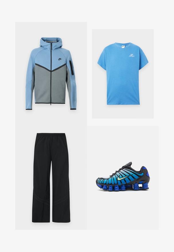 Chaqueta con capucha de Nike con una combinación de colores azul y gris, con cremallera frontal, diseño en forma de chevron y un bolsillo con cremallera en la manga.; Camiseta de algodón azul con mangas cortas, escote redondo y el logo blanco "Just Do It" en el pecho. Textura suave, ajuste relajado, diseño casual.; Pantalones negros de pierna ancha hechos de tela ligera con una cintura elástica y un detalle sutil de costura curva en el dobladillo.; Nike Sportswear SHOX TL - Zapatillas - black/vapor green/racer blue