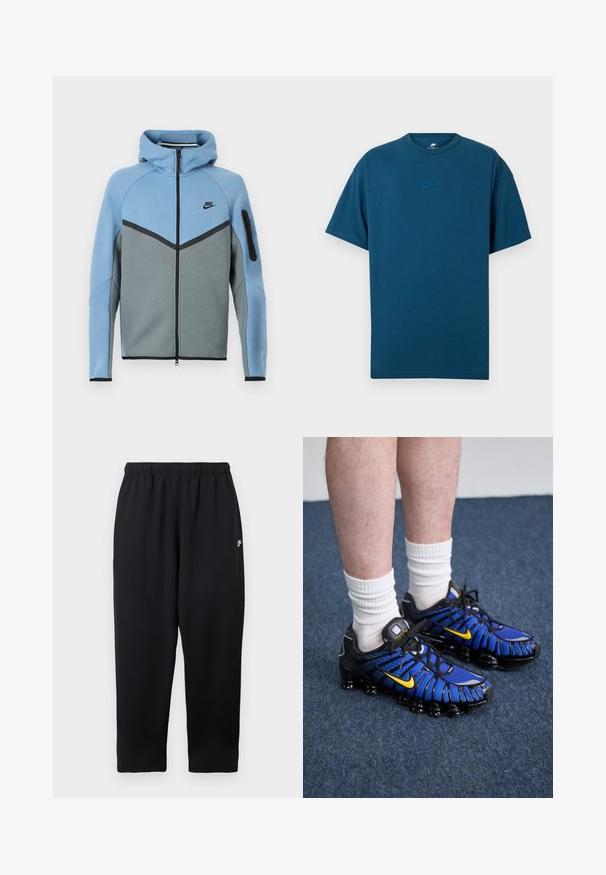 Nike hættejakke med et farveskema i blå og grå, der har lynlås foran, et chevrondesign og en lynlåslomme på ærmet.; Blå bomulds T-shirt med korte ærmer, rund halsudskæring og et lille, lyseblåt Nike-logo på brystet. Blød tekstur, afslappet pasform.; Sorte joggingbukser med elastisk taljebånd, der har et lille hvidt logo på venstre side. Fremstillet af blødt, let stof. Lige ben.; Blå og sorte sportssko har et mesh-design, gule accenter og en segmenteret sål. Bæres med hvide ankelstrømper.