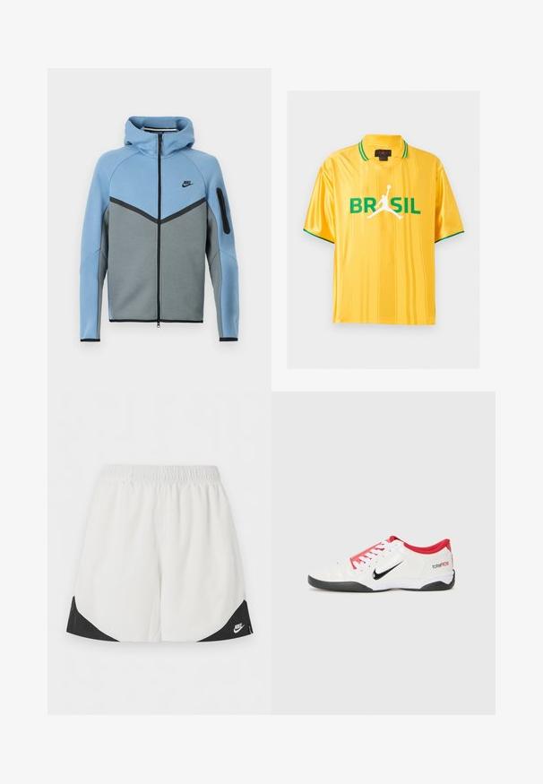 Nike hooded jack met een blauw-grijs kleurenpatroon, voorzien van een ritssluiting aan de voorkant, een chevron ontwerp en een ritssluitingzak op de mouw.; Geel sportshirt met korte mouwen en groene bies aan kraag en mouwen, tekst "BRASIL" en wit silhouet van een basketbalspeler op de voorkant.; Witte sportshorts met een elastische tailleband en zwarte driehoekige panelen bij de pijpen, met een wit Nike-logo aan de rechterkant.; Witte sportieve schoen met rode accenten, zwart Swoosh-logo en gestructureerd ontwerp. Bevat witte veters en een zwarte buitenzool. Tekst leest "total90."
