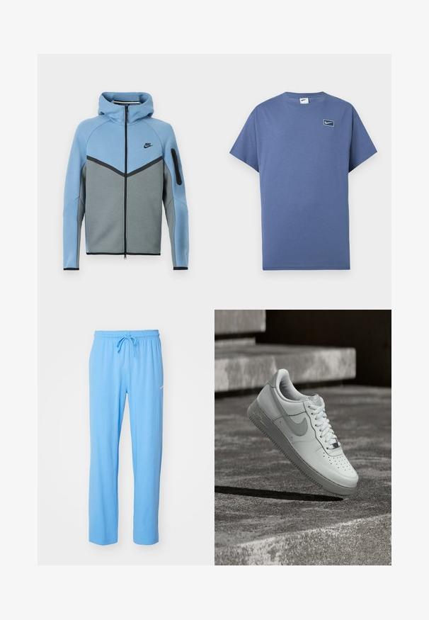 Nike kapuutsiga jakk sinise ja halli värvikavaga, millel on esiosa lukk, salakauba mustriga kujundus ja lukuga varrukatasku.; Sinine lühikeste varrukatega ümara kaelusega T-särk, millel vasakul rinnal on väike Nike-logo ümaras ruudus.; Heledad sinised dressipüksid pehmest kangast, millel on elastne vöökoht koos paelaga ja väike logoaktsent puusa lähedal.; Valge Nike Air Force 1 tossujalg õhus tekstureeritud betoonpinna kohal, taustal kivist trepiastmed.