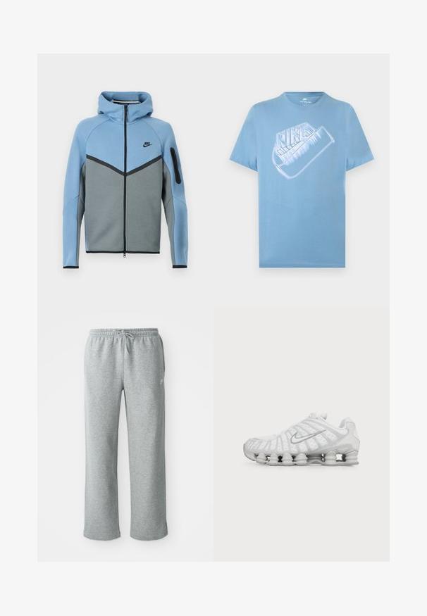 Nike hættejakke med et farveskema i blå og grå, der har lynlås foran, et chevrondesign og en lynlåslomme på ærmet.; Lyseblå kortærmet Nike T-shirt med stor stiliseret hvid Nike-logo og swoosh-grafik på brystet.; Grå bomulds sweatpants med elastisk talje, snorelukning og lige ben. Har et lille logo på den øverste venstre side.; Hvid Nike løbesko med synlig luftstøbt sål og sølv swoosh-logo på siden, vist fra ydersiden.