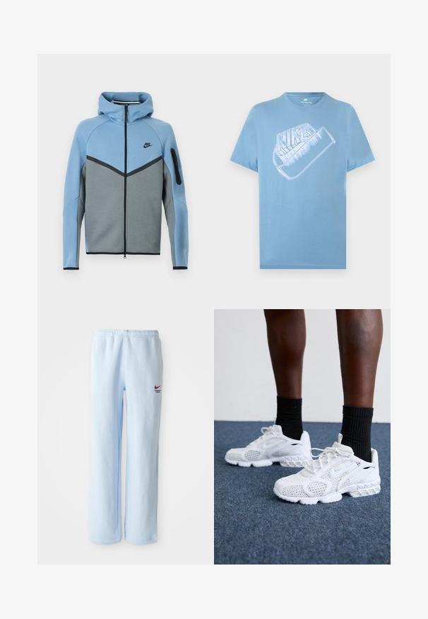 Nike hættejakke med et farveskema i blå og grå, der har lynlås foran, et chevrondesign og en lynlåslomme på ærmet.; Lyseblå kortærmet Nike T-shirt med stor stiliseret hvid Nike-logo og swoosh-grafik på brystet.; Lysblå joggebukser med elastisk talje, prydet med et lille rødt Nike-logo og teksten "Athletic Department". Blødt bomuldsstof.; Hvide atletik-sko med mesh-overdel, teksturerede accenter og polstret sål. Parret med sorte ribbede ankelstrømper på en blå tæppebelagt overflade.