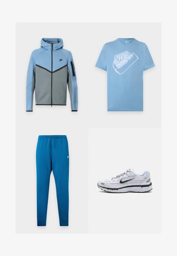 Nike hættejakke med et farveskema i blå og grå, der har lynlås foran, et chevrondesign og en lynlåslomme på ærmet.; Lyseblå kortærmet Nike T-shirt med stor stiliseret hvid Nike-logo og swoosh-grafik på brystet.; Blå sweatpants med elastisk talje og justerbar snor. Har et hvidt logo på låret og tapered manchetter ved anklerne.; Hvide løbesko med mesh-overdel, rund tå, sorte accenter og mønstret sål. Har snøring og branding på siden.