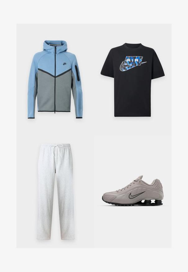 Chaqueta con capucha de Nike con una combinación de colores azul y gris, con cremallera frontal, diseño en forma de chevron y un bolsillo con cremallera en la manga.; Camiseta negra de manga corta con texto estilizado "AIR" en azul y blanco y el logotipo de la marca Nike en el pecho.; Pantalones deportivos grises hechos de tela suave, con una cintura elástica con cordón y piernas rectas. No se observan patrones ni detalles.; Zapatilla deportiva de color gris claro con una parte superior moldeada, acentos texturizados, suela negra y un prominente swoosh de Nike en gris oscuro. Presenta perforaciones.