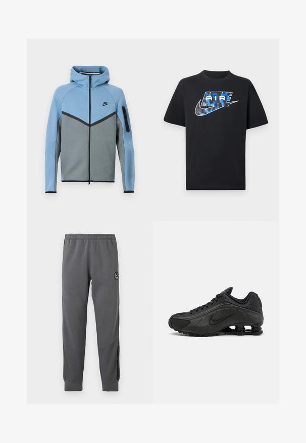 Nike hættejakke med et farveskema i blå og grå, der har lynlås foran, et chevrondesign og en lynlåslomme på ærmet.; Sort t-shirt med korte ærmer med blå og hvide stiliserede "AIR"-bogstaver og Nike swoosh-logo på brystet.; Grå sweatpants lavet af blødt stof med elastisk talje, tætsiddende ben, sidelommer og en cirkulær logo-patch.; Sorte løbesko med en glat syntetisk overdel, perforerede detaljer, teksturerede sidedele og en distinkt fjedrende sål.