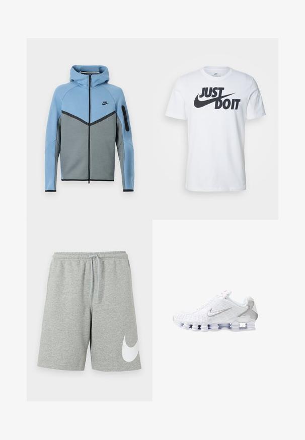 Nike hooded jack met een blauw-grijs kleurenpatroon, voorzien van een ritssluiting aan de voorkant, een chevron ontwerp en een ritssluitingzak op de mouw.; Witte katoenen t-shirt met een opvallend zwart "Just Do It" logo en de Nike swoosh. Klassiek crew neck ontwerp met korte mouwen.; Lichtgrijze sportshort met elastische tailleband, trekkoord en groot wit Nike Swoosh-logo op het onderste deel van het linkerbeen.; Witte sportschoenen met een gestructureerd bovenwerk, een zilveren swoosh-logo, meshpanelen en een opvallende gesegmenteerde witte zool.