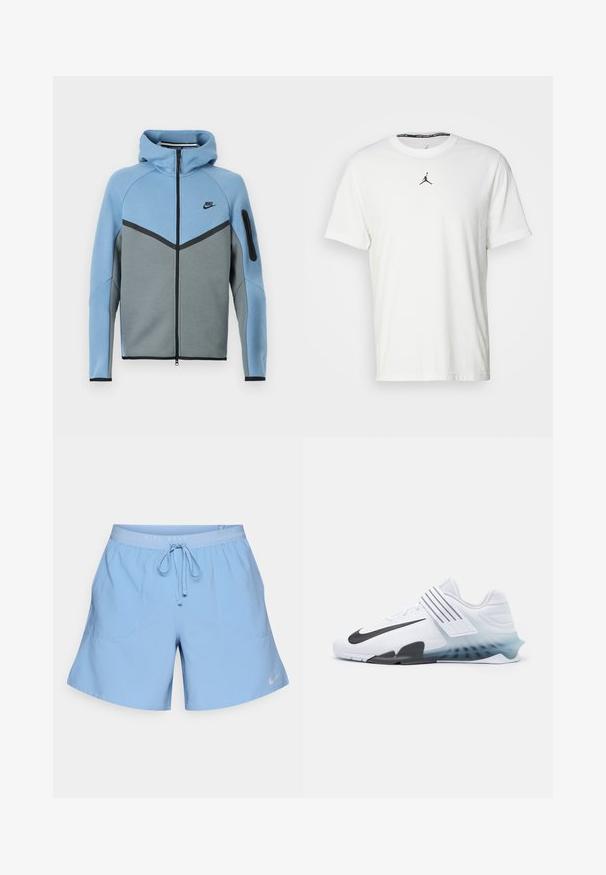 Nike bunda s kapucňou v modro-sivej farebnej kombinácii, s predným zipsom, vzorom chevron a vreckom na zips na rukáve.; Biely tričko s krátkymi rukávmi vyrobené z bavlny, so siluetou čierneho Jumpman loga na hrudi a okrúhlym výstrihom s čiernou vnútornou etiketou.; Svetlomodré športové šortky s elastickým pásom, nastaviteľným sťahovacím šnúrkou a dvoma prednými vreckami. Na leme je malá logo Nike.; Biela športová obuv s čiernym logom Nike, sieťovinovým zvrškom, tromi čiernymi pruhmi a gradientnou podrážkou od modrej po priesvitnú. Obsahuje posilnené akcenty.