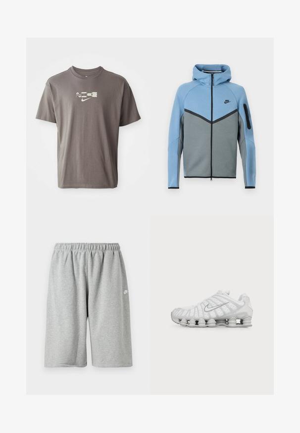 Nike hættejakke med et farveskema i blå og grå, der har lynlås foran, et chevrondesign og en lynlåslomme på ærmet.; Brun kortærmet t-shirt med et lysfarvet "Nike" logo trykt på forsiden, med en afslappet og løs pasform.; Grå bomuldsshorts med elastik i taljen, med løs pasform og et lille hvidt logo nær kanten. Glat tekstur, længde over knæet.; Hvid Nike løbesko med synlig luftstøbt sål og sølv swoosh-logo på siden, vist fra ydersiden.
