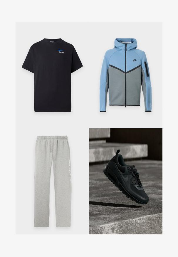 Nike bunda s kapucňou v modro-sivej farebnej kombinácii, s predným zipsom, vzorom chevron a vreckom na zips na rukáve.; Čierne tričko s krátkym rukávom, s malým modrým Nike swoosh a bielym textom "ATHLETIC DEPT JUST DO IT." na hornej ľavej strane hrudi.; Sivé teplákové nohavice vyrobené z mäkkého materiálu s elastickým pásom. Na jednej nohe je biely nápis "JUST DO IT" a logo Nike Swoosh.; Čierna teniska Nike Air Max zavesená vo vzduchu nad štruktúrovanou betónovou podlahou s betónovými schodmi v pozadí.