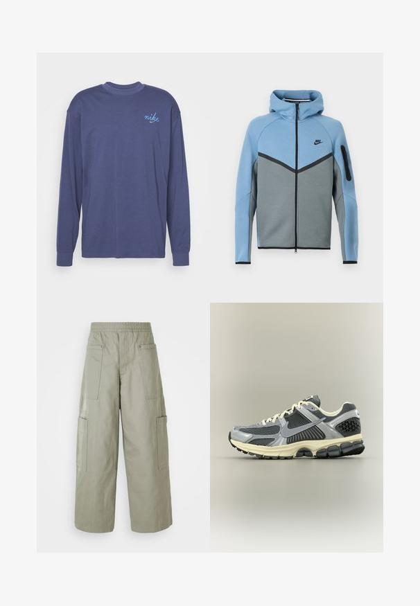 Nike bunda s kapucňou v modro-sivej farebnej kombinácii, s predným zipsom, vzorom chevron a vreckom na zips na rukáve.; Dlhý rukáv, tmavomodré tričko s dlhým rukávom vyrobené z bavlny, s malým modrým vyšitým logom "nike" na ľavej hrudi. Okrouhly výstrih a ribbované manžety.; Voľné olivovozelené cargo nohavice s elastickým pásom, viacerými vreckami a hladkou textúrou. Zúženie šírky na leme.; Sivo-čierna bežecká obuv Nike s bielymi šnúrkami a béžovou podrážkou, zobrazená z boku na neutrálnom pozadí.