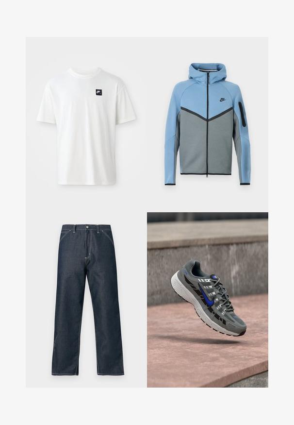 Nike hooded jack met een blauw-grijs kleurenpatroon, voorzien van een ritssluiting aan de voorkant, een chevron ontwerp en een ritssluitingzak op de mouw.; Witte katoenen t-shirt met korte mouwen en een ronde hals; heeft een klein zwart rechthoekig Nike Air logo op de linkerkant van de borst.; Donkere spijkerbroek met een rechte pijp, contrasterende stiksels en voorzakken. Voorzien van een knoopsluiting en een klassieke pasvorm.; Grijze en zwarte Nike hardloopschoen met blauwe swoosh en witte zool die boven een stenen oppervlak zweeft.