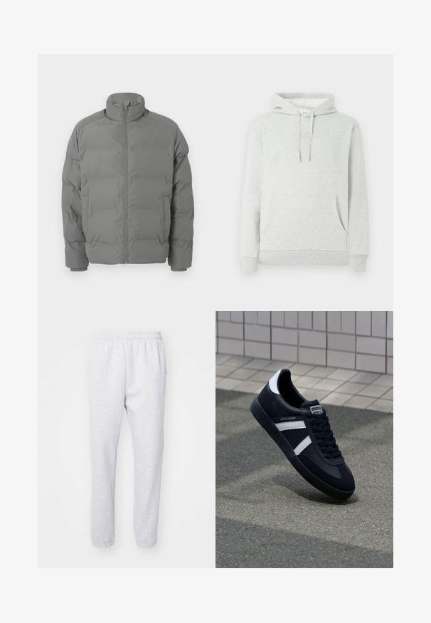 Veste matelassée grise avec col montant, fermeture éclair à l'avant et forme carrée. Comprend des sections rembourrées et des poignets ajustés pour plus de chaleur.; Sweat à capuche gris clair avec cordon de serrage, poche avant, manches et ourlet côtelés, avec un logo subtil embossé sur la poitrine.; Pantalon de survêtement gris clair en mélange de coton doux, avec une taille élastique et des poignets ajustés aux chevilles. Pas de motifs ni de logos visibles.; Sneaker en cuir noir avec des rayures blanches, semelle en caoutchouc texturée et devant à lacets. Présente une étiquette de marque sur la languette.