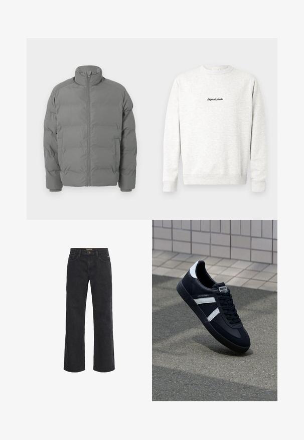 Grå pufferjakke med høj krave, lynlåslukning foran og boxy form. Har polstrede sektioner og tætsiddende manchetter for varme.; Lys grå crewneck sweatshirt lavet af blødt materiale, med et lille sort "Originals Studio" logo på fronten og ribbede manchetter.; Sorte denim bukser med vid ben, knaplukning, fem lommer og en let slidt tekstur. Lige snit fra talje til søm.; Sort lædersneaker med hvide striber, tekstureret gummisål og snørrebånd foran. Har et brandet mærke på tungen.