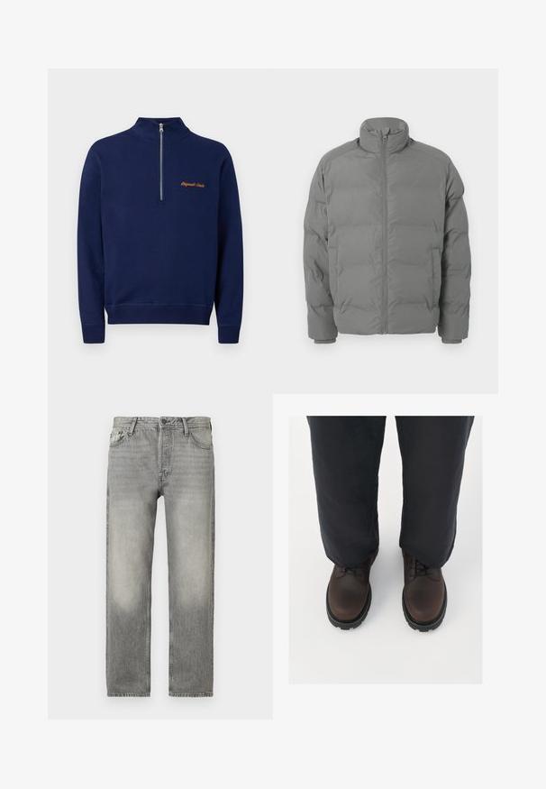 Grå pufferjakke med høj krave, lynlåslukning foran og boxy form. Har polstrede sektioner og tætsiddende manchetter for varme.; Navy blå langærmet pullover med kvart-lynlås foran og lille orange tekst på venstre bryst med teksten "Originals Studio."; Grå denim jeans med en afslappet pasform, der har en lysvasket finish, fem lommers design, knaplukning og lige ben.; Brune læder snørebåndssko med rund tå, sort gummisål og tekstureret detaljer, parret med løstsiddende mørke bukser.