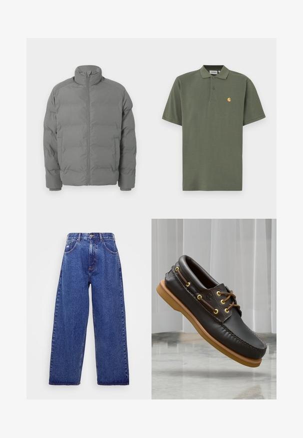 Hall gray puffer jope kõrge kraega, lukuga ees ja kastikujuline. Omab pehmendatud osi ja sobivaid mansette sooja hoidmiseks.; Olivirohelise värviga puuvillast polo-särk, millel on kraega kaelus, kaks nuppu ja väike kollane logo vasakul rinnal. Lühikesed varrukad.; Laiad sinised denim püksid kõrge vöökohaga, viie tasku, nupukinnitusega ja õrna pleekimisega tekstuuri jaoks.; Pruunist nahast paadi kingad, millel on pehme disain, kollased nööbid, pruunid paelad ja helepruun kummitald; sisaldavad keerukaid õmbluste detaile.