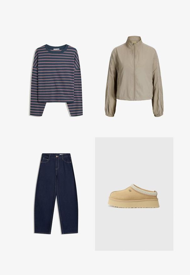 Beige leichte Nylonjacke mit durchgehendem Frontreißverschluss, hohem Kragen, elastischen Bündchen und dünnen weißen Streifen entlang der Ärmel.; Marineblaues Langarmoberteil mit weißen und rosa horizontalen Streifen; Rundhalsausschnitt; lockere Passform; weicher Stoff; seitliche Schlitze am Saum für mehr Bewegungsfreiheit.; Dunkelblaue Jeans aus Denim mit lockerem Schnitt, fünf Taschen, Knopfverschluss und kontrastierenden gelben Nähten entlang der Nähte.; Beiger Slip-On UGG-Schuh mit dicker Sohle und gemustertem Besatz rund um die Öffnung, von der Seite auf einfarbigem Hintergrund dargestellt.